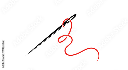 Minimalist representation of a needle with red thread passing through the eye, vector illustration