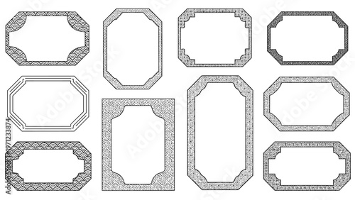 Set of various rectangular and octagonal ornamental frames featuring traditional Asian motifs and intricate geometric designs in monochrome.