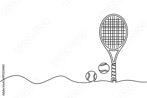 Minimalist line drawing of a tennis racket and two balls