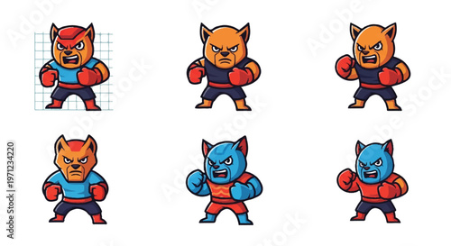 Cartoon cat boxer poses illustration for design projects