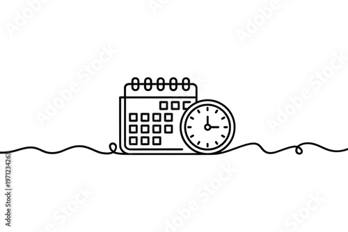 Continuous line drawing of a calendar and clock representing time