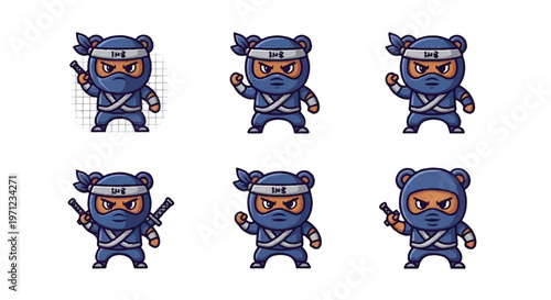 Cartoon ninja bear character set in various poses isolated