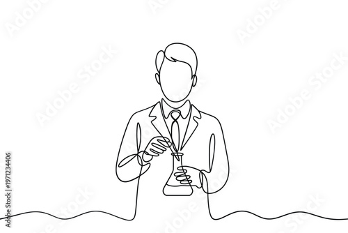 Continuous line drawing of a scientist conducting a chemistry experiment