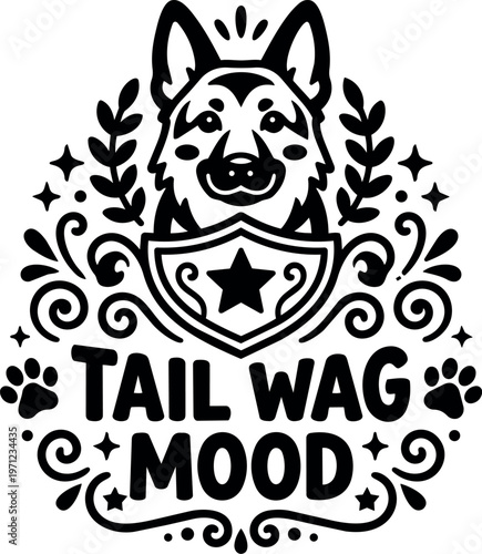 Black and white tail wag mood dog face with shield and paw prints vector art