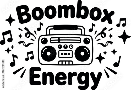 Boombox energy text with music notes and stars black and white vector art