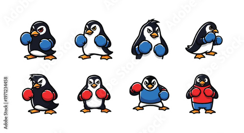Cartoon penguins in boxing pose various expressions vector illustration