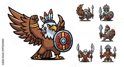 Eagle warrior mascot with feathered headdress and shield illustration