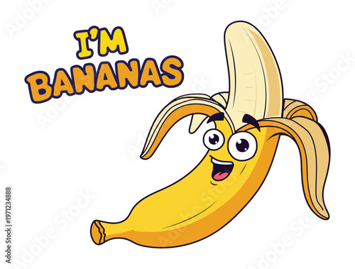Cartoon banana character with a face and the text 'i'm bananas'