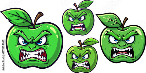 Angry green apple monster mascot set, aggressive fruit character with sharp teeth and mean expression, 4 cartoon apple icons for gaming and stickers