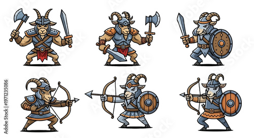 Cartoon goat warriors in armor with weapons