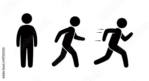 Three stick figure silhouettes in various running poses showing motion.