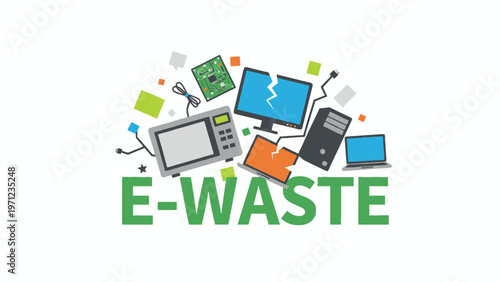 Electronic waste vector illustration of broken devices on white