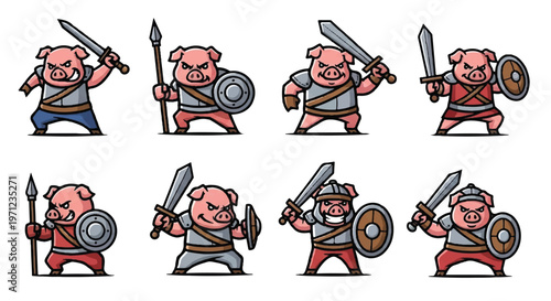 Cartoon pig warriors with swords shields and spears illustration