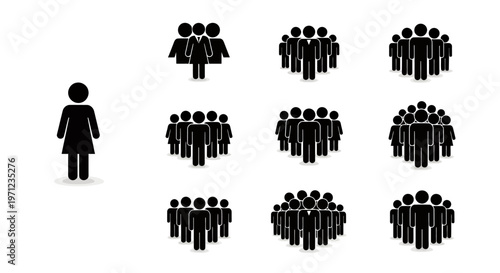 Single female figure stands apart from multiple crowd silhouettes symbolizing people and groups.