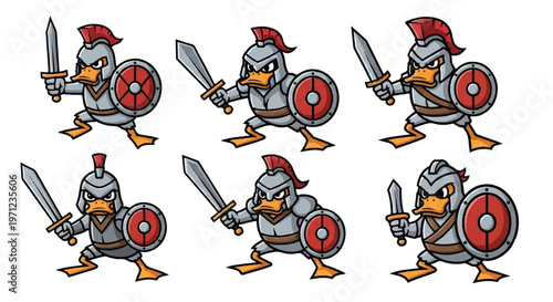 Cartoon ducks warriors with swords and shields in various poses