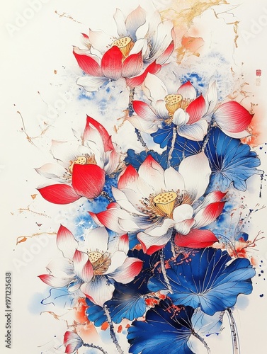 Watercolor Painting of Lotus Flowers