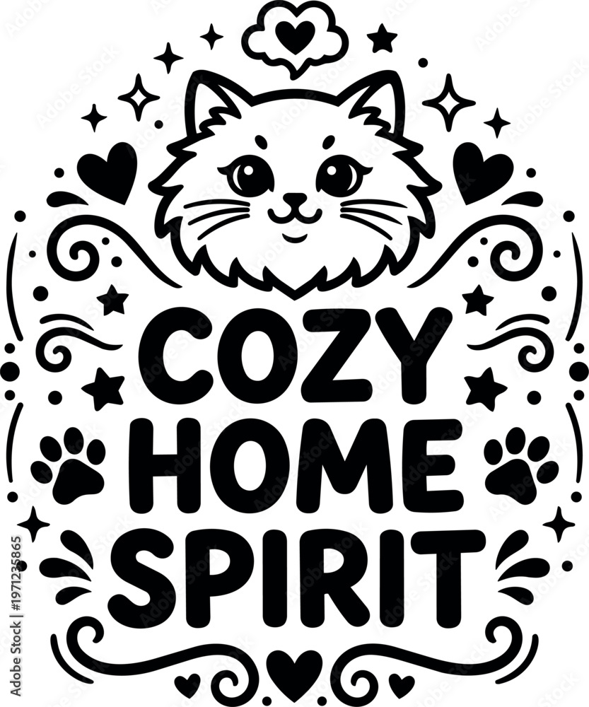 Fototapeta premium Cute cat face with cozy home spirit text and decorative hearts paw prints stars line art