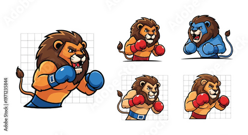 Cartoon lion boxer poses and expressions isolated