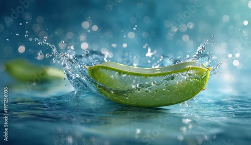 Aloe vera leaf with water splash and natural background, fresh and juicy with smooth green texture