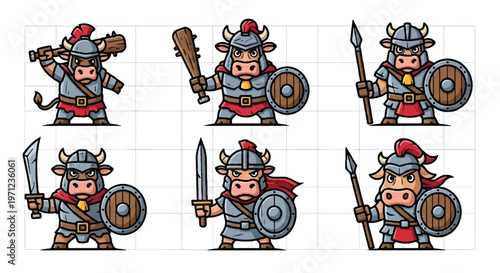 Cartoon warrior bulls posing with weapons in various combat stances