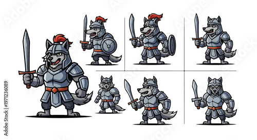 Cartoon wolf warrior character set with armor and weapons