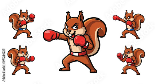 Cartoon squirrel in boxing pose with red gloves and athletic gear