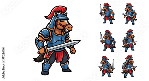 Cartoon horse warrior with sword and animated character poses