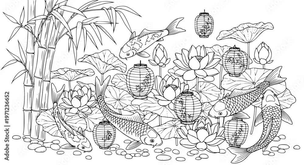 Obraz premium Koi and Lotus with Lanterns and Zen Elements Black Line Illustration