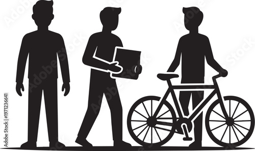 Silhouettes of men with bicycle and package illustrating delivery or collaboration