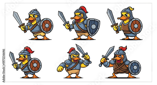 Cartoon ducks in armor with swords and shields vector illustration