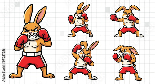 Cartoon boxing rabbits posing with red gloves and shorts in various action scenes