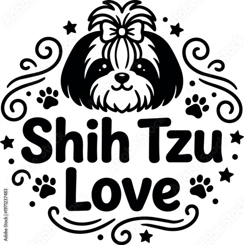 Shih tzu love with dog face and paw prints vector art in black and white