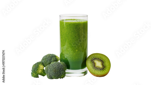 Green smoothie with broccoli and kiwi fruit in glass