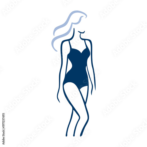 Logotipo con dibujo con líneas de una mujer con pelo largo y bikini de estilo retro, posando de pie
