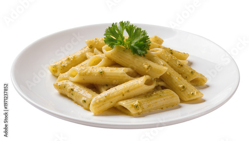 Creamy pesto penne pasta dish on white ceramic plate with parsley garnish