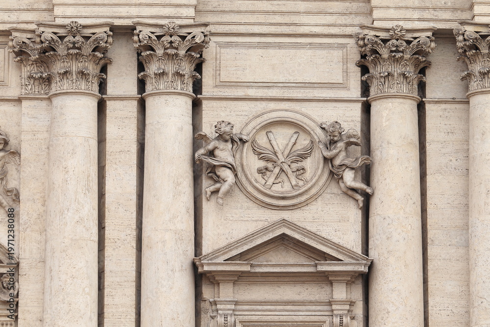 Fototapeta premium Sant'Andrea della Valle Basilica Facade Detail with Sculpted Columns and Angels in Rome, Italy