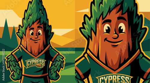 Cartoon cypress tree character smiling.