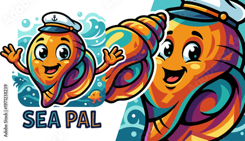 Seashell Cartoon Characters Waving.