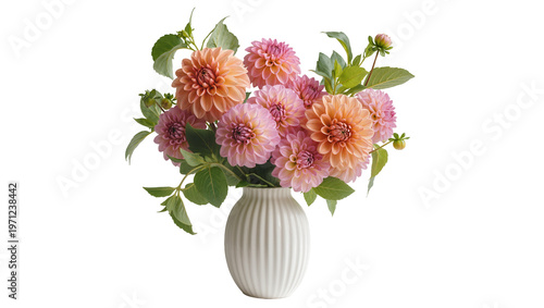 Fotografía Pink orange dahlia flower bouquet in ribbed ceramic vase