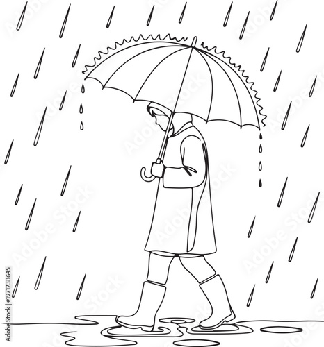 Rainy day, vector illustration, woman with umbrella, rainy city, monochrome