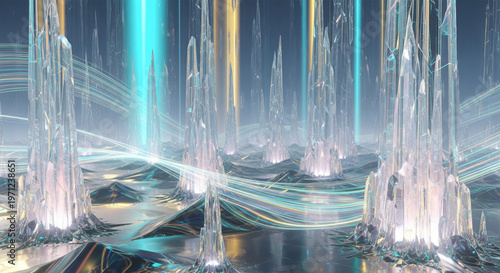 Futuristic Abstract Crystal Landscape With Neon Light Waves And Reflective Surface 17