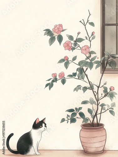 A black and white cat gazes at a camellia plant