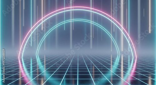Futuristic Neon Arch Grid Background With Glowing Light Portal Scene 22