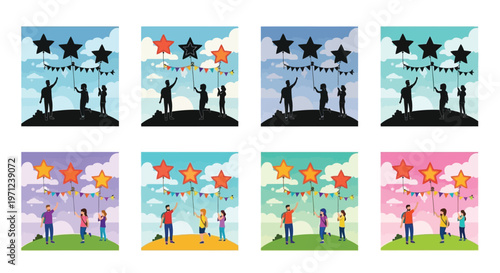 A collection of celebratory scenes with people releasing balloons