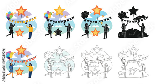 Celebratory illustration showing people with stars and balloons in various styles