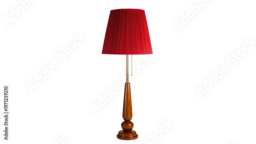 Konstfotografi Vintage red pleated lampshade atop polished wooden lamp, featuring brass accents