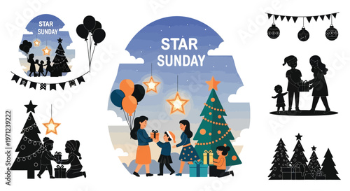 Festive star sunday illustration with family gifts and christmas tree