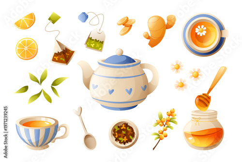 Tea set vector elements with teapot cup honey lemon ginger herbs