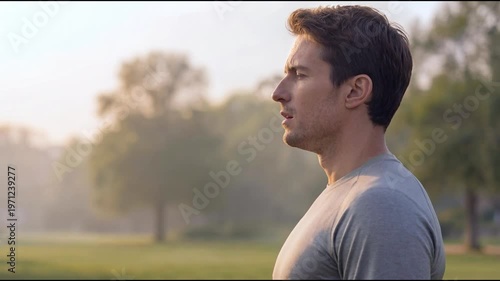 Stressed Man Exhaling Outdoors, Finding Relief and Smiling.