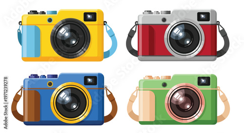 Four colorful vintage cameras arranged in a square grid illustration
